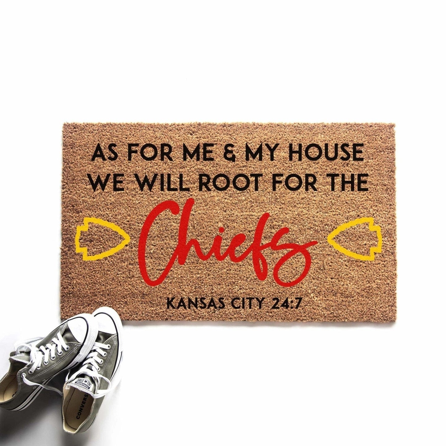 Load image into Gallery viewer, As For Me &amp;amp; My House, We Will Root for the Chiefs Doormat
