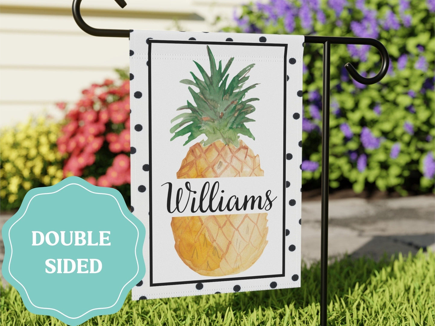 Personalized Name Pineapple and Polka Dot Garden Flag