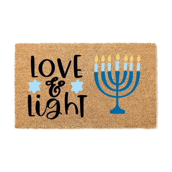 Load image into Gallery viewer, Love and Light Menorah Hanukkah Doormat, Cute Holiday Welcome Mat, Outdoor Hanukkah Decoratons, Chanukah Festival of Lights Holiday Door Mat
