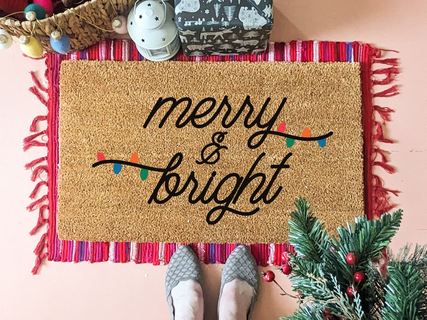 Merry & Bright Colorful Christmas Door Mat, Christmas Doormat, Winter Welcome Mat, Holiday Doormat, Winter Decor, Christmas Gift