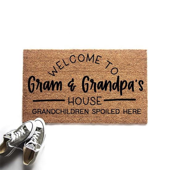 Load image into Gallery viewer, Personalized Grandparent Grandchildren Spoiled Here Doormat
